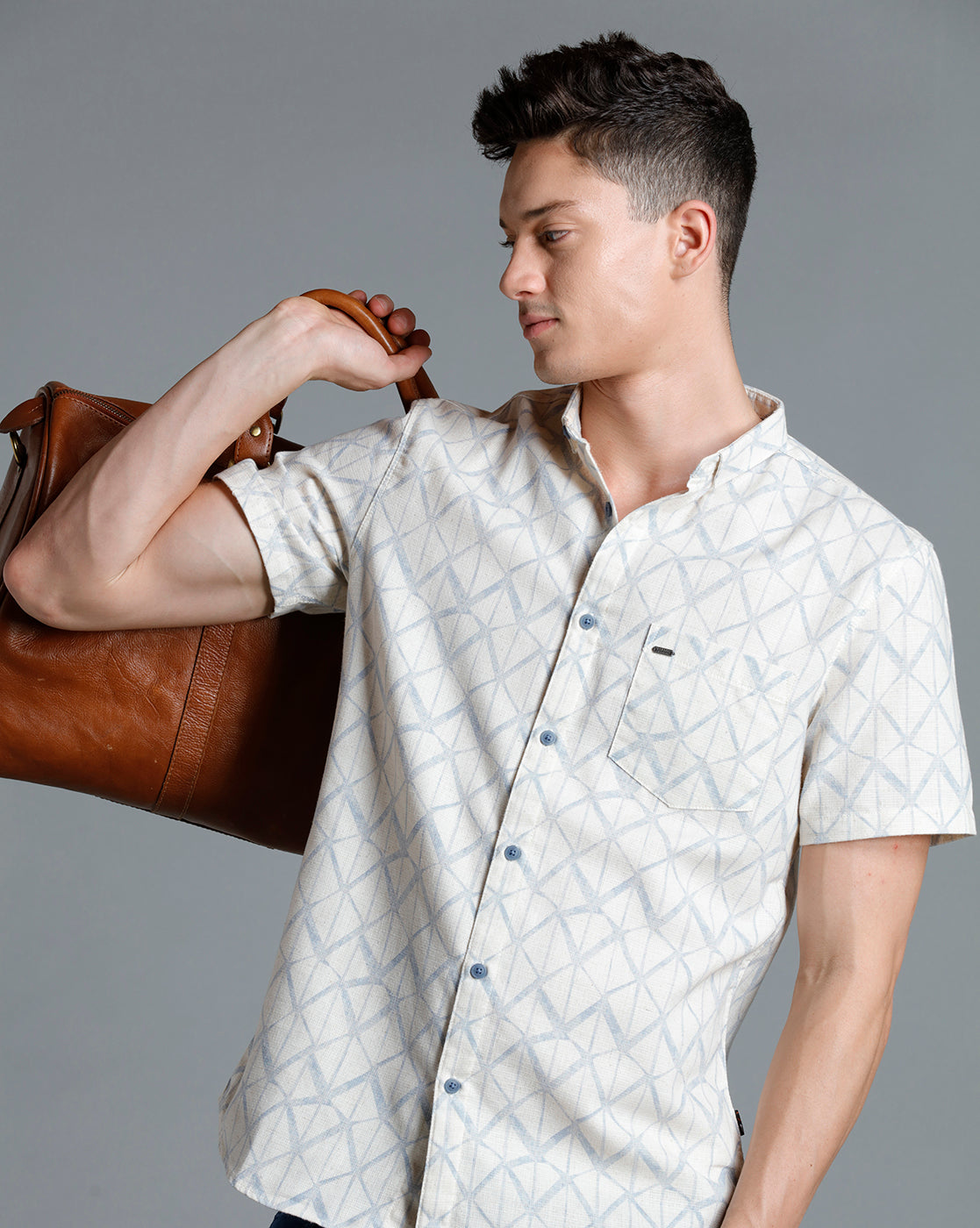 IDENTITI Men Slim Fit Short Collar Printed Shirt In Blue