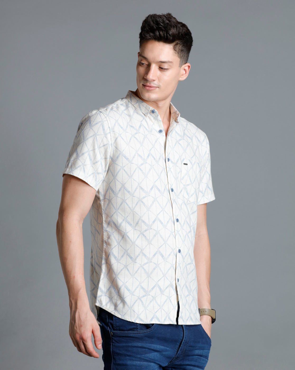 IDENTITI Men Slim Fit Short Collar Printed Shirt In Blue