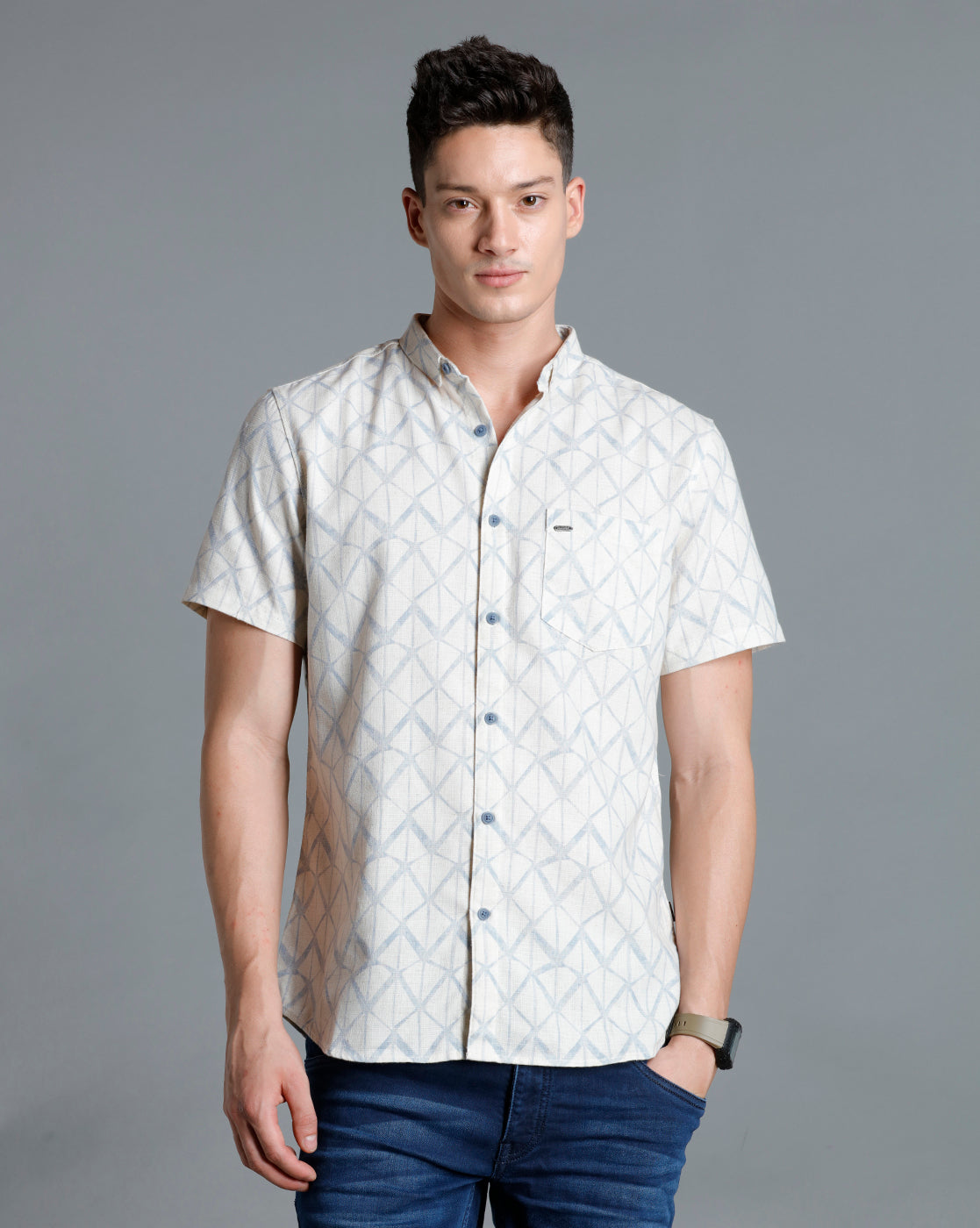 IDENTITI Men Slim Fit Short Collar Printed Shirt In Blue