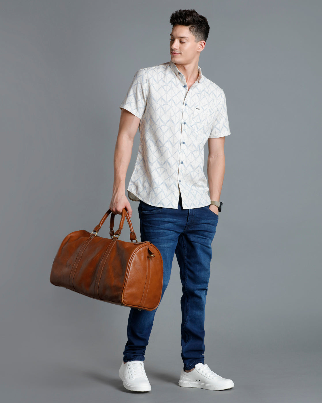 IDENTITI Men Slim Fit Short Collar Printed Shirt In Blue