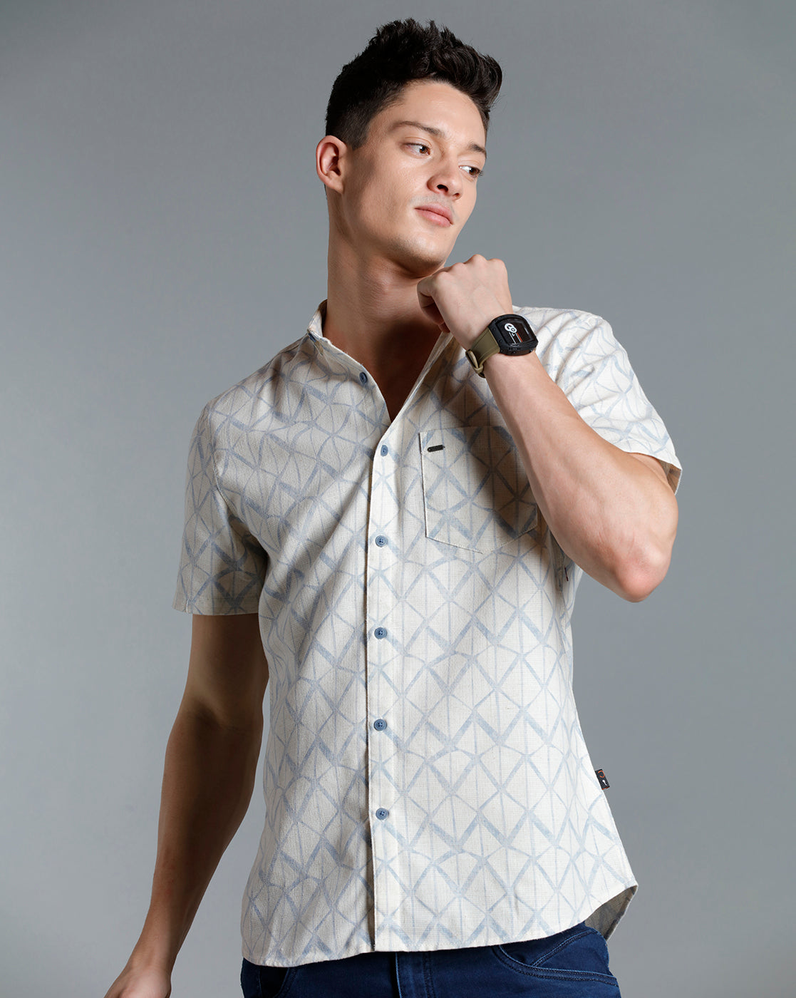 IDENTITI Men Slim Fit Short Collar Printed Shirt In Blue
