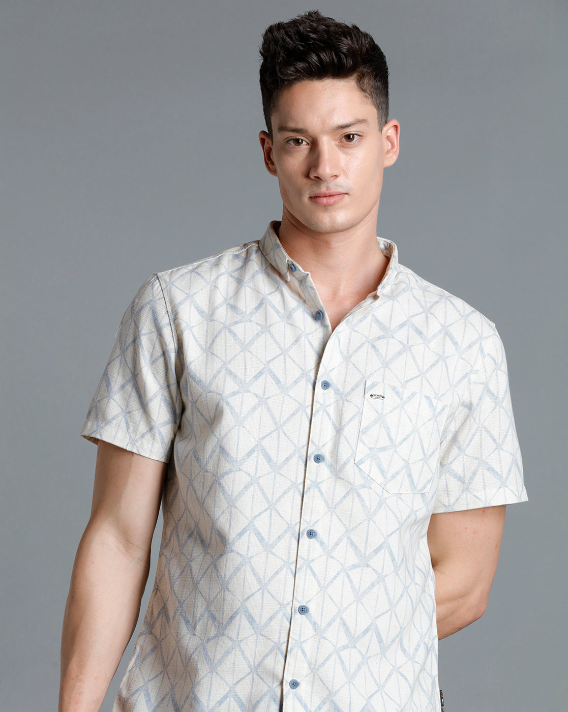 IDENTITI Men Slim Fit Short Collar Printed Shirt In Blue