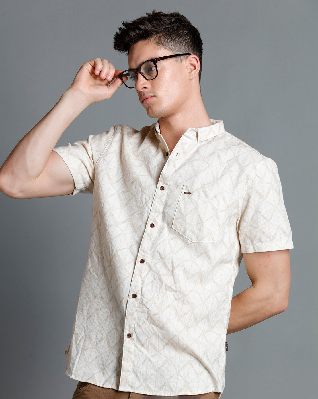 IDENTITI Men Slim Fit Short Collar Printed Shirt In Beige
