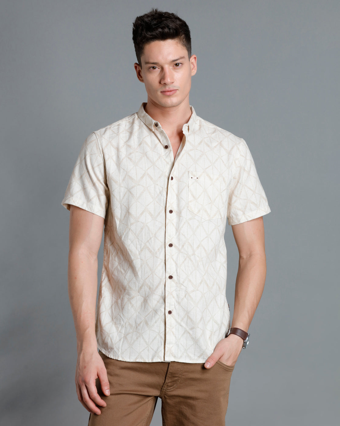 IDENTITI Men Slim Fit Short Collar Printed Shirt In Beige