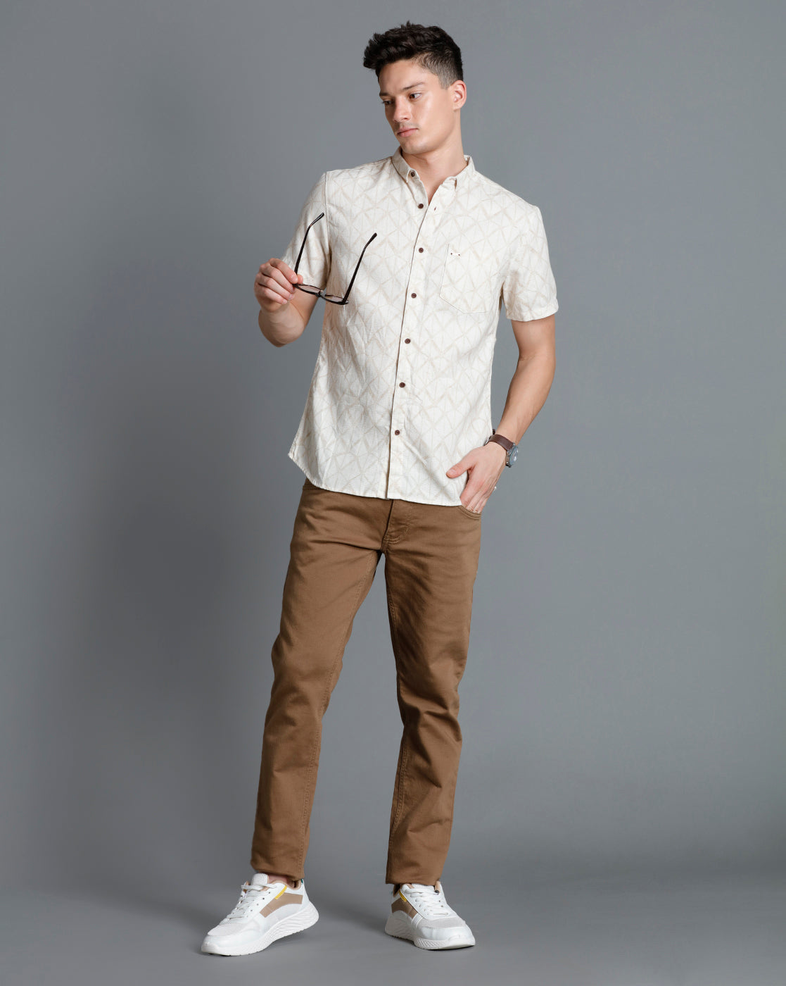 IDENTITI Men Slim Fit Short Collar Printed Shirt In Beige