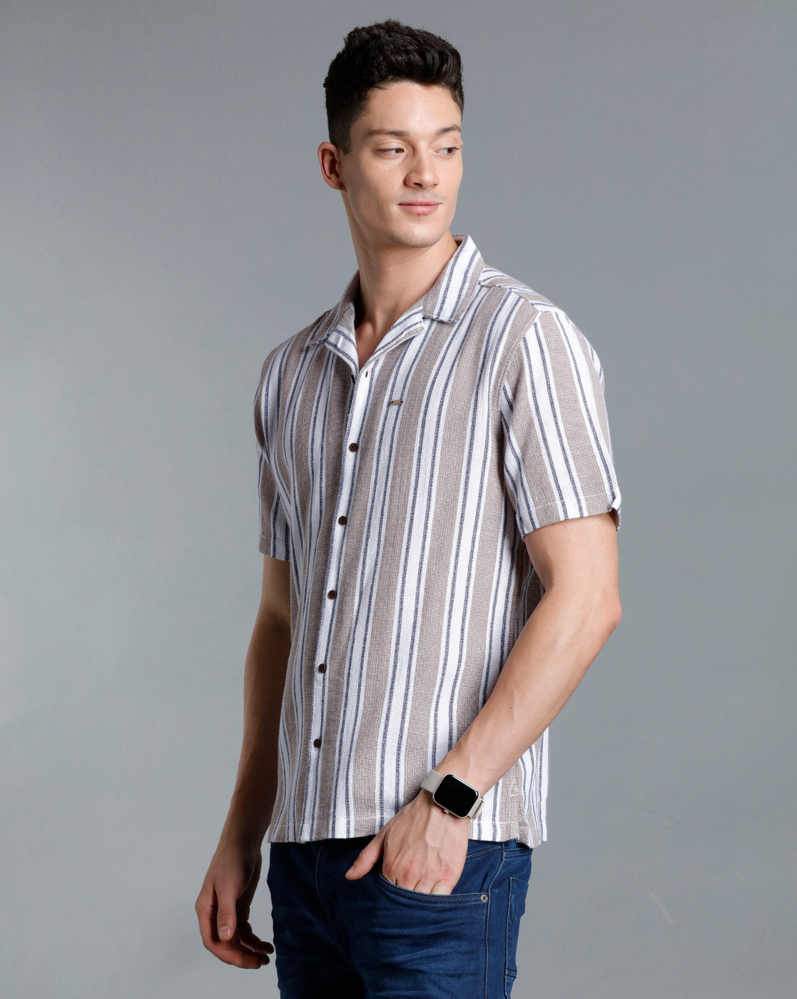 IDENTITI Men Slim Fit Lapel Collar Striped Shirt In Beige