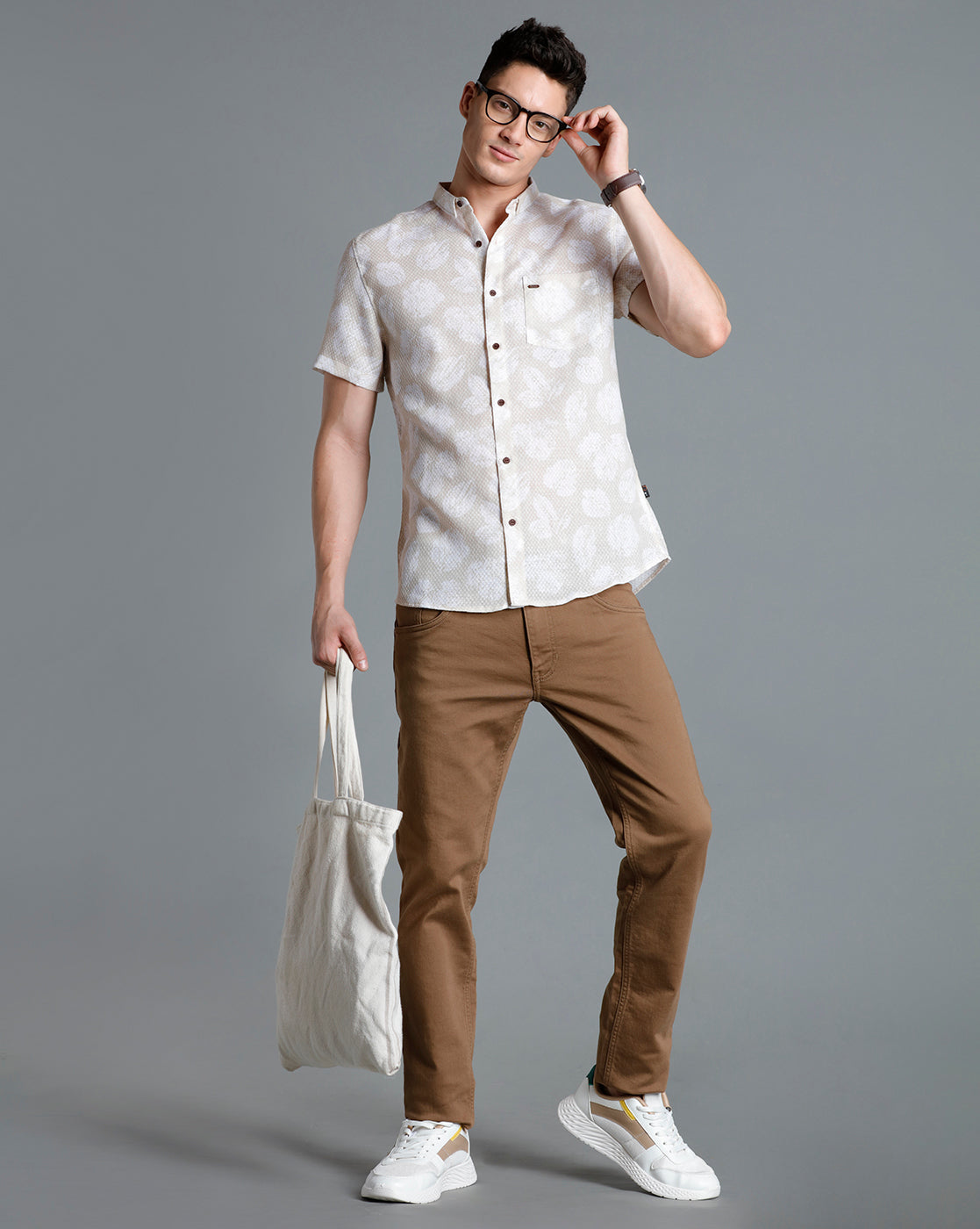 IDENTITI Men Slim Fit Short Collar Printed Shirt In Beige