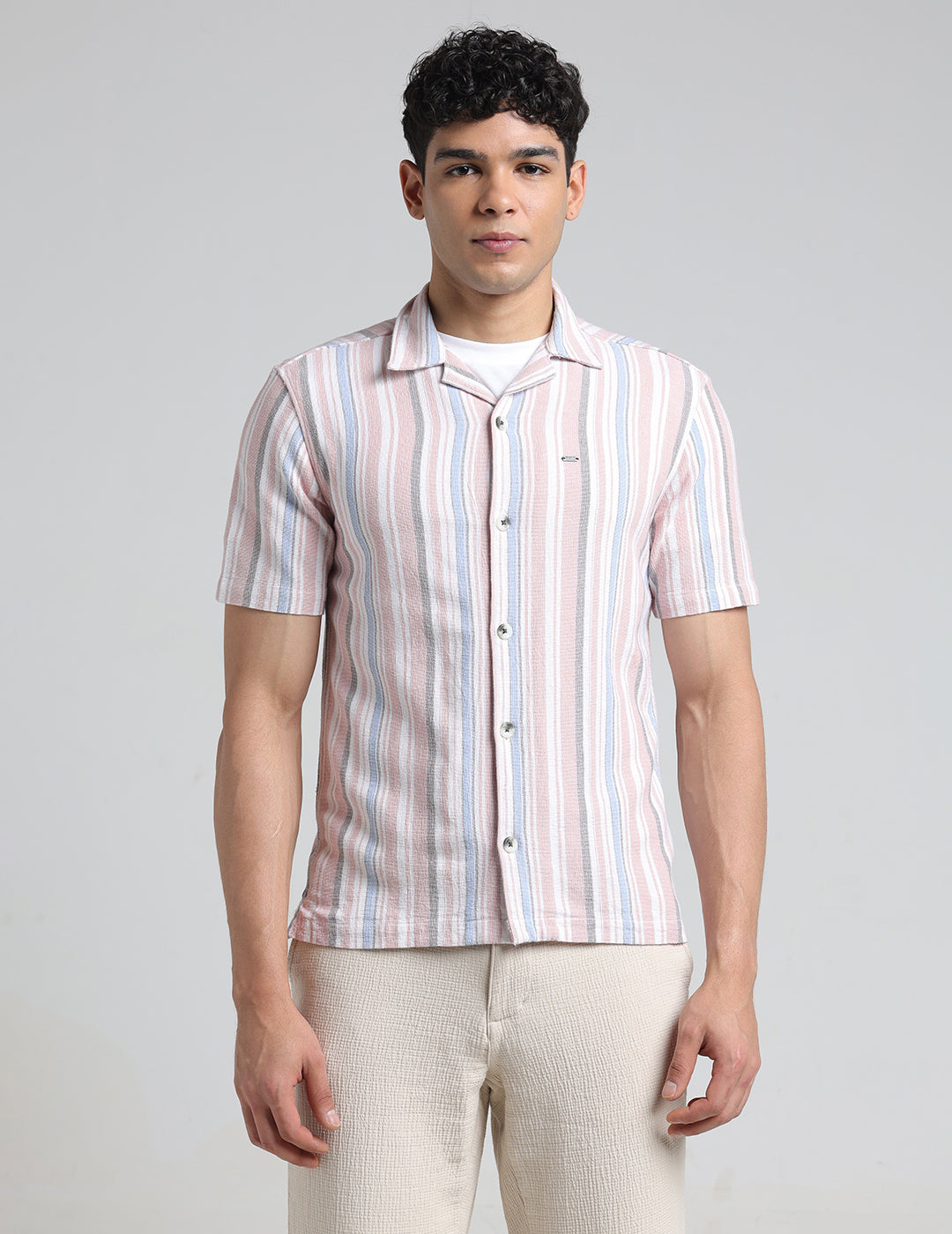 IDENTITI Men Slim Fit Lapel Collar Striped Shirt In Peach.