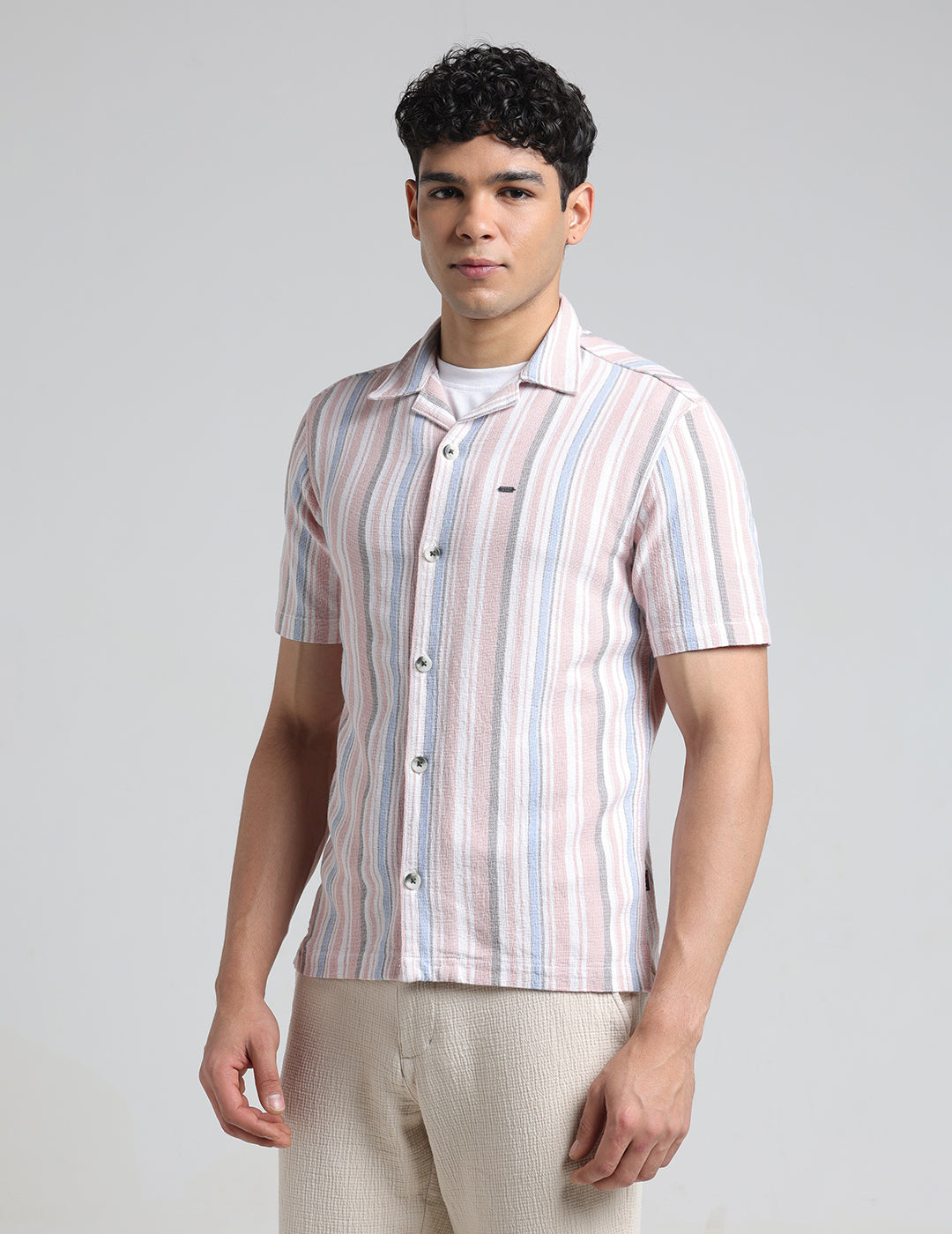 IDENTITI Men Slim Fit Lapel Collar Striped Shirt In Peach.