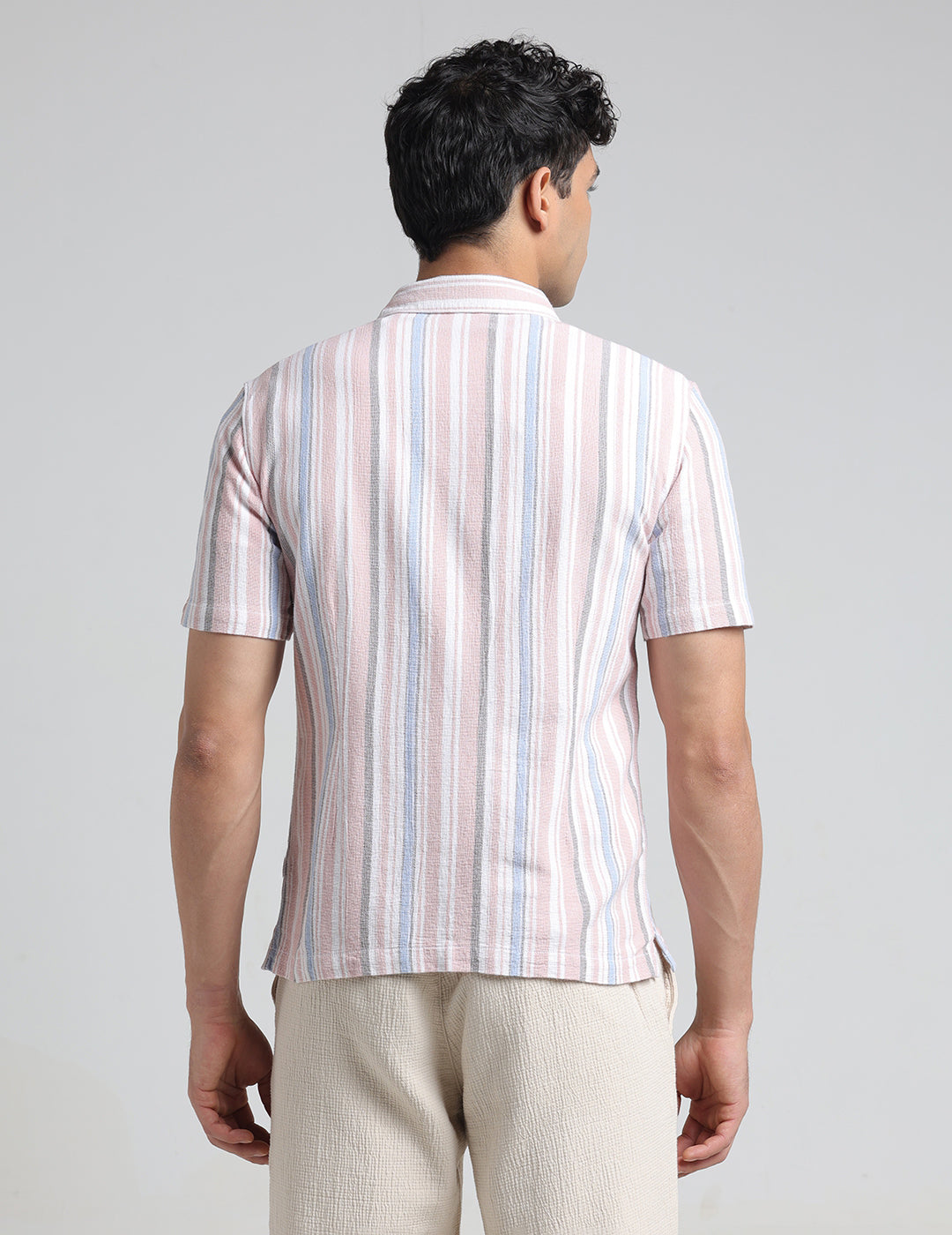 IDENTITI Men Slim Fit Lapel Collar Striped Shirt In Peach.