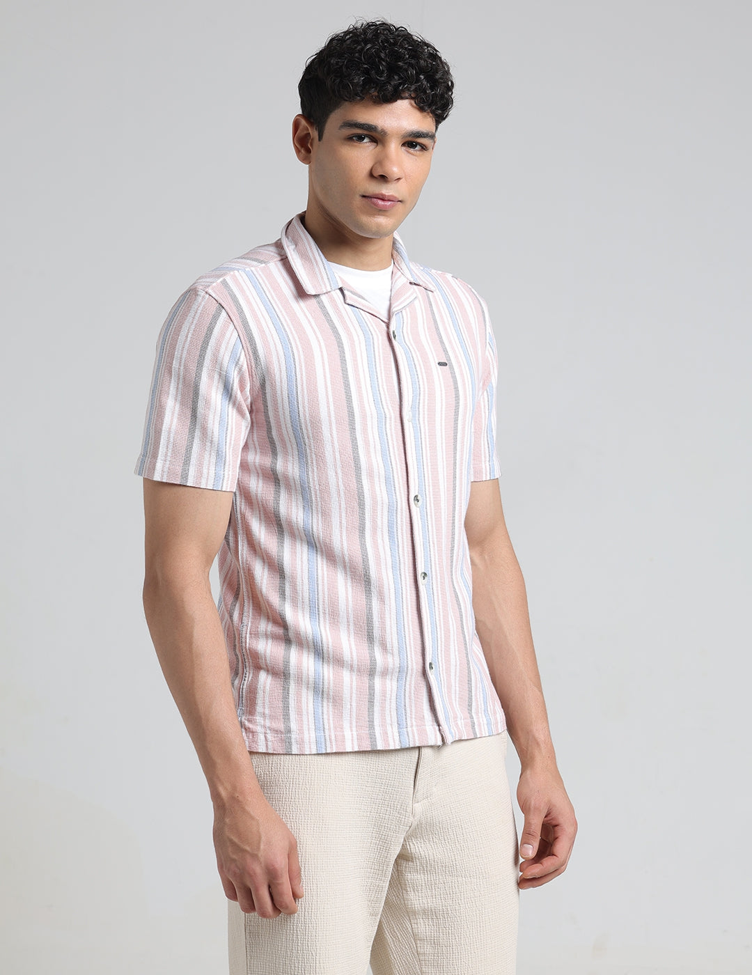 IDENTITI Men Slim Fit Lapel Collar Striped Shirt In Peach.