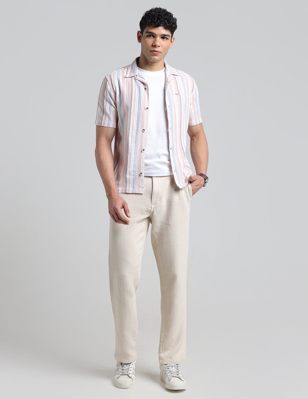 IDENTITI Men Slim Fit Lapel Collar Striped Shirt In Peach.