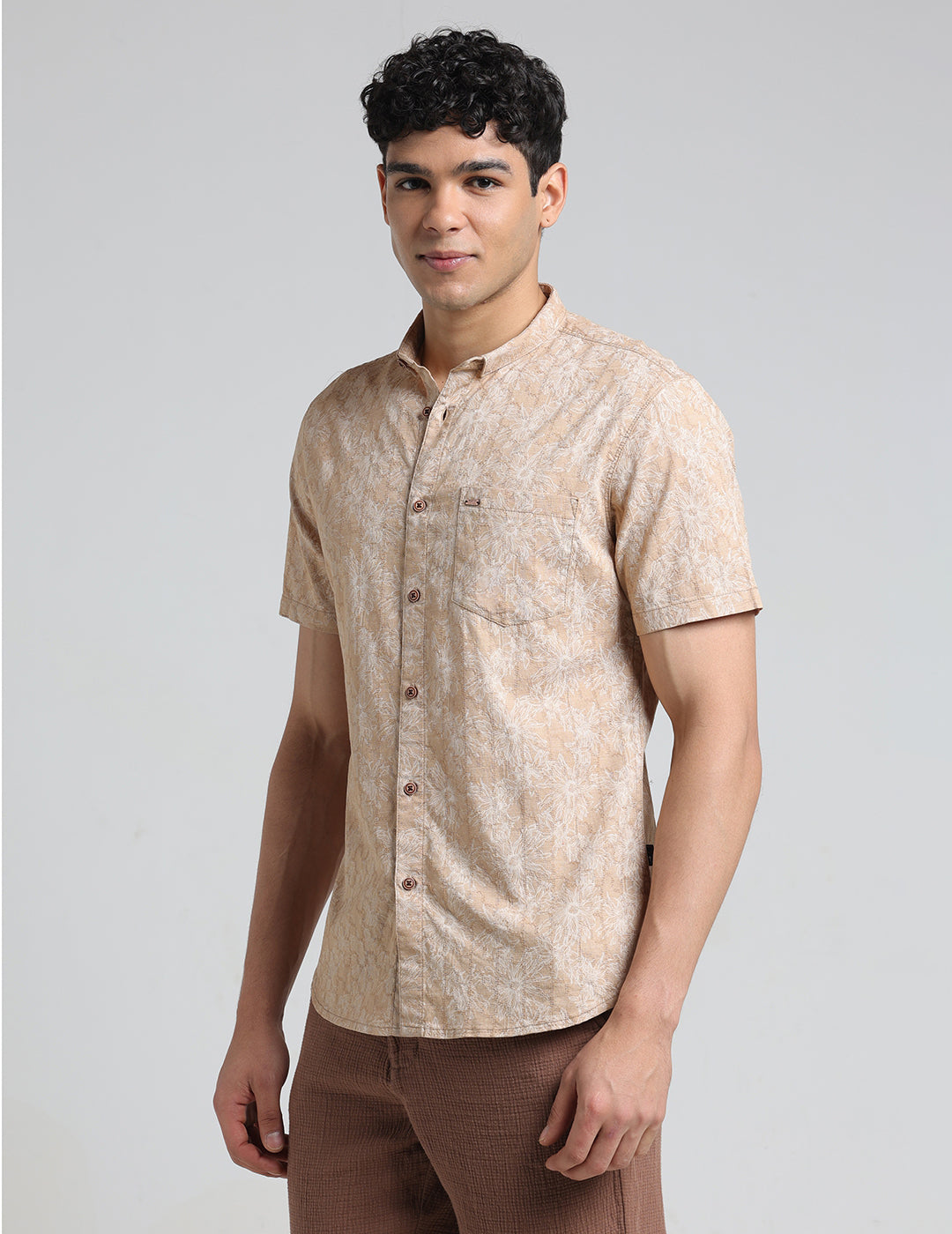 IDENTITI Men Slim Fit Short Collar Printed Shirt In Beige.