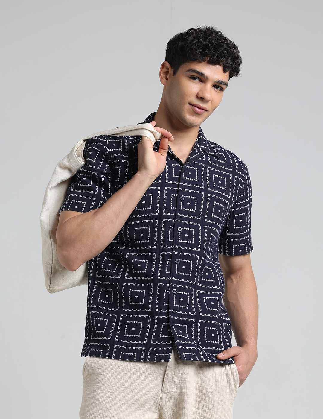 IDENTITI Men Slim Fit Lapel Collar Printed Shirt In Navy.