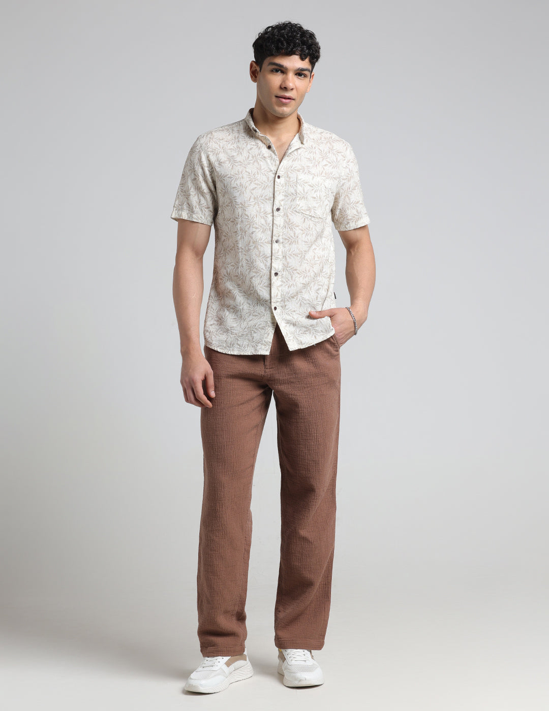 IDENTITI Men Slim Fit Short Collar Printed Shirt In Brown.