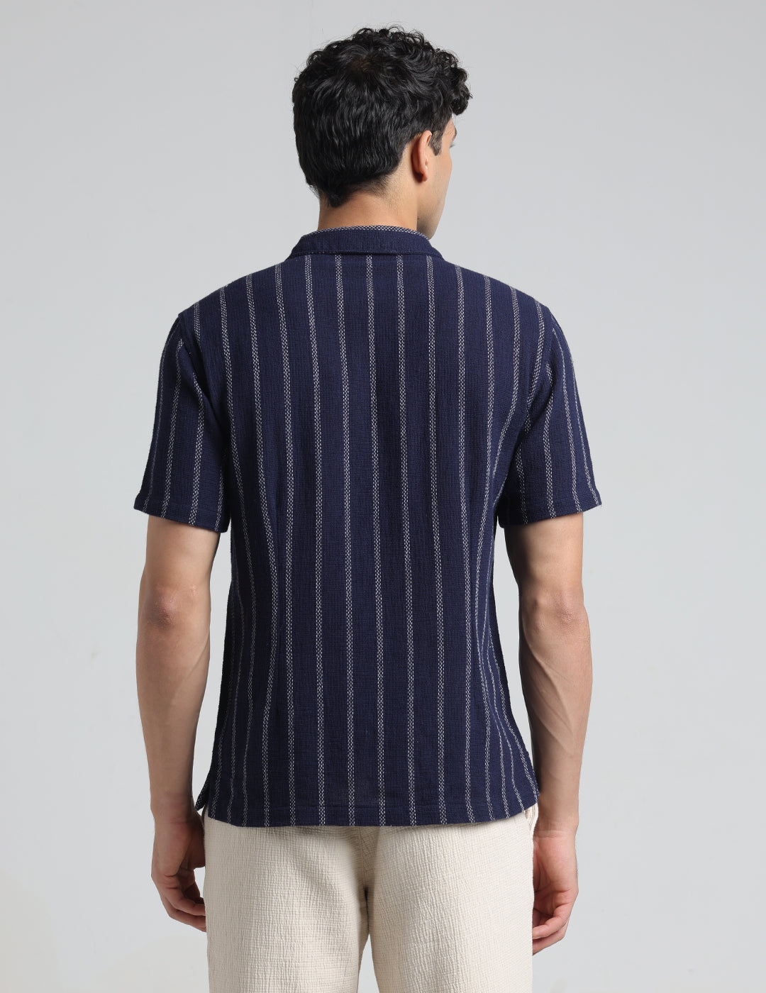 IDENTITI Men Slim Fit Lapel Collar Striped Shirt In Navy.