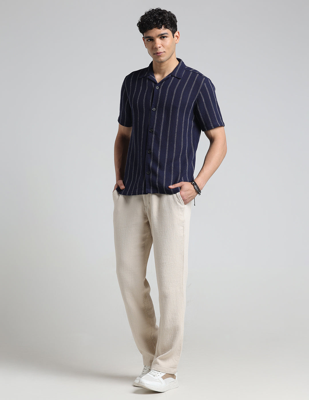 IDENTITI Men Slim Fit Lapel Collar Striped Shirt In Navy.