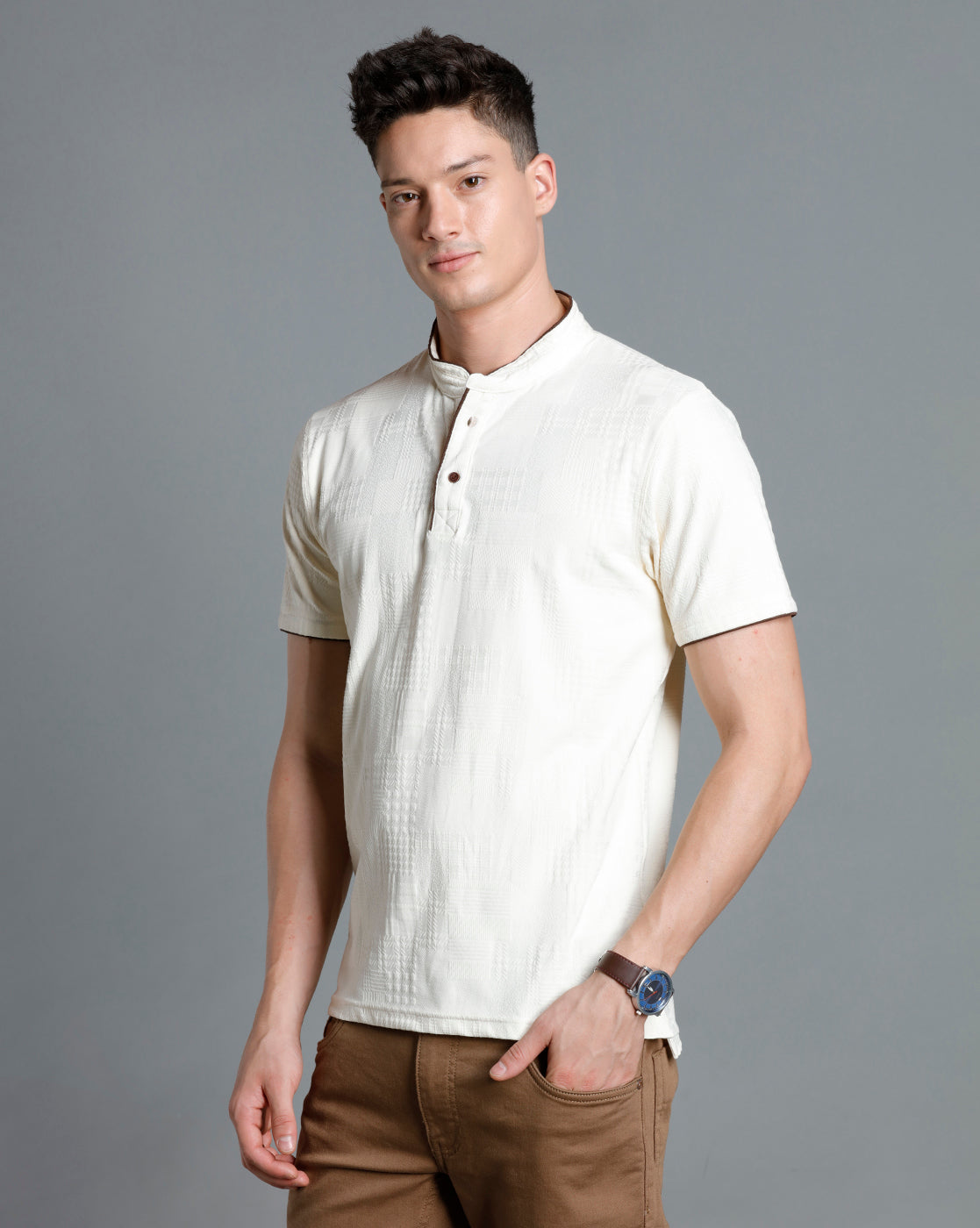 IDENTITI Men Slim Fit Mandarin Collar Solid T-Shirt In Offwhite