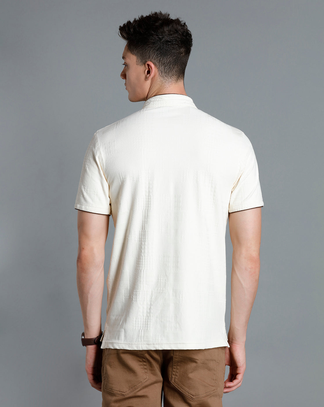 IDENTITI Men Slim Fit Mandarin Collar Solid T-Shirt In Offwhite