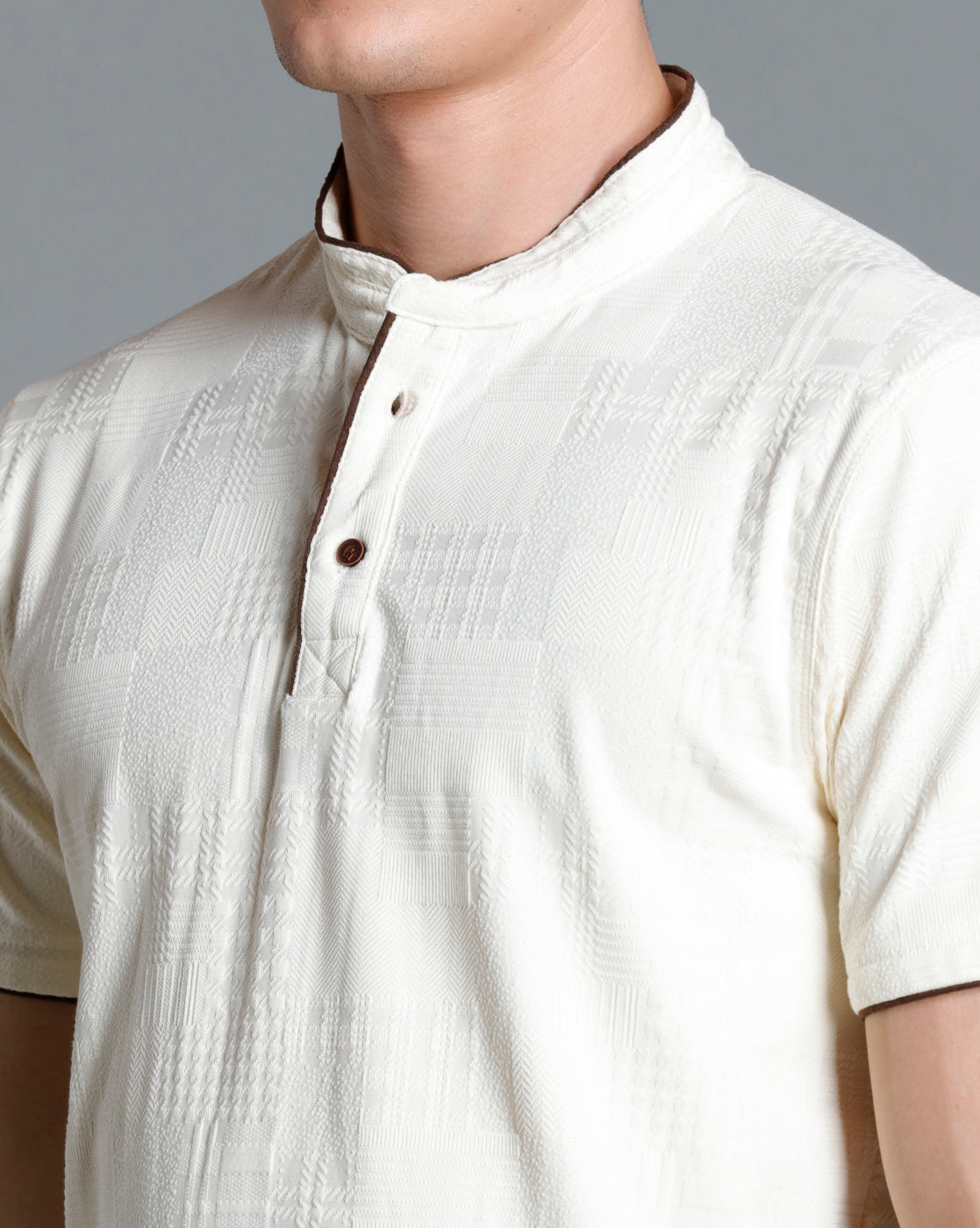 IDENTITI Men Slim Fit Mandarin Collar Solid T-Shirt In Offwhite