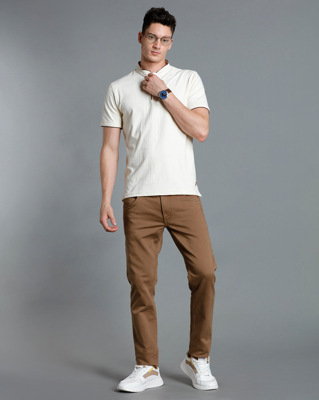 IDENTITI Men Slim Fit Mandarin Collar Solid T-Shirt In Offwhite