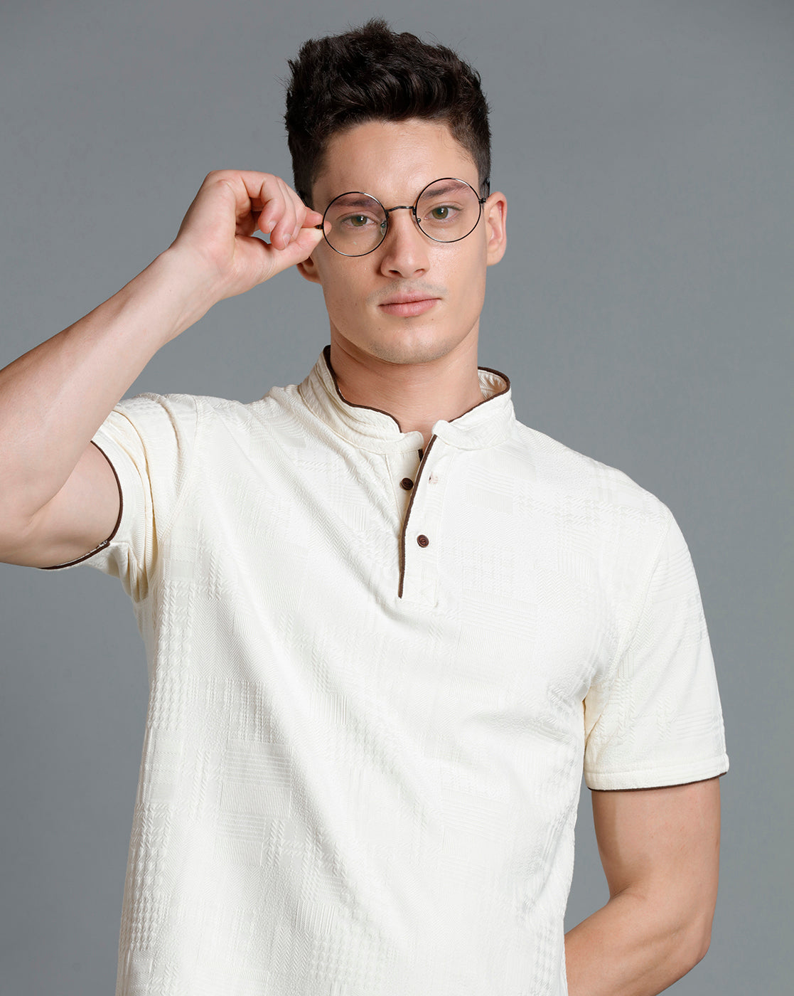 IDENTITI Men Slim Fit Mandarin Collar Solid T-Shirt In Offwhite