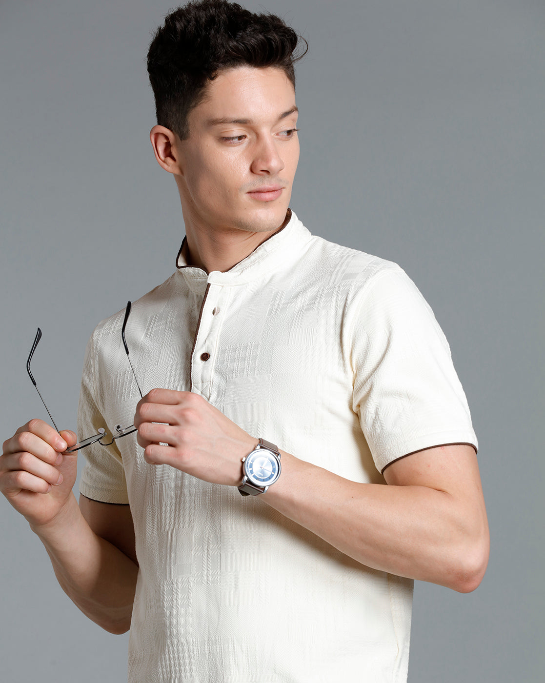 IDENTITI Men Slim Fit Mandarin Collar Solid T-Shirt In Offwhite