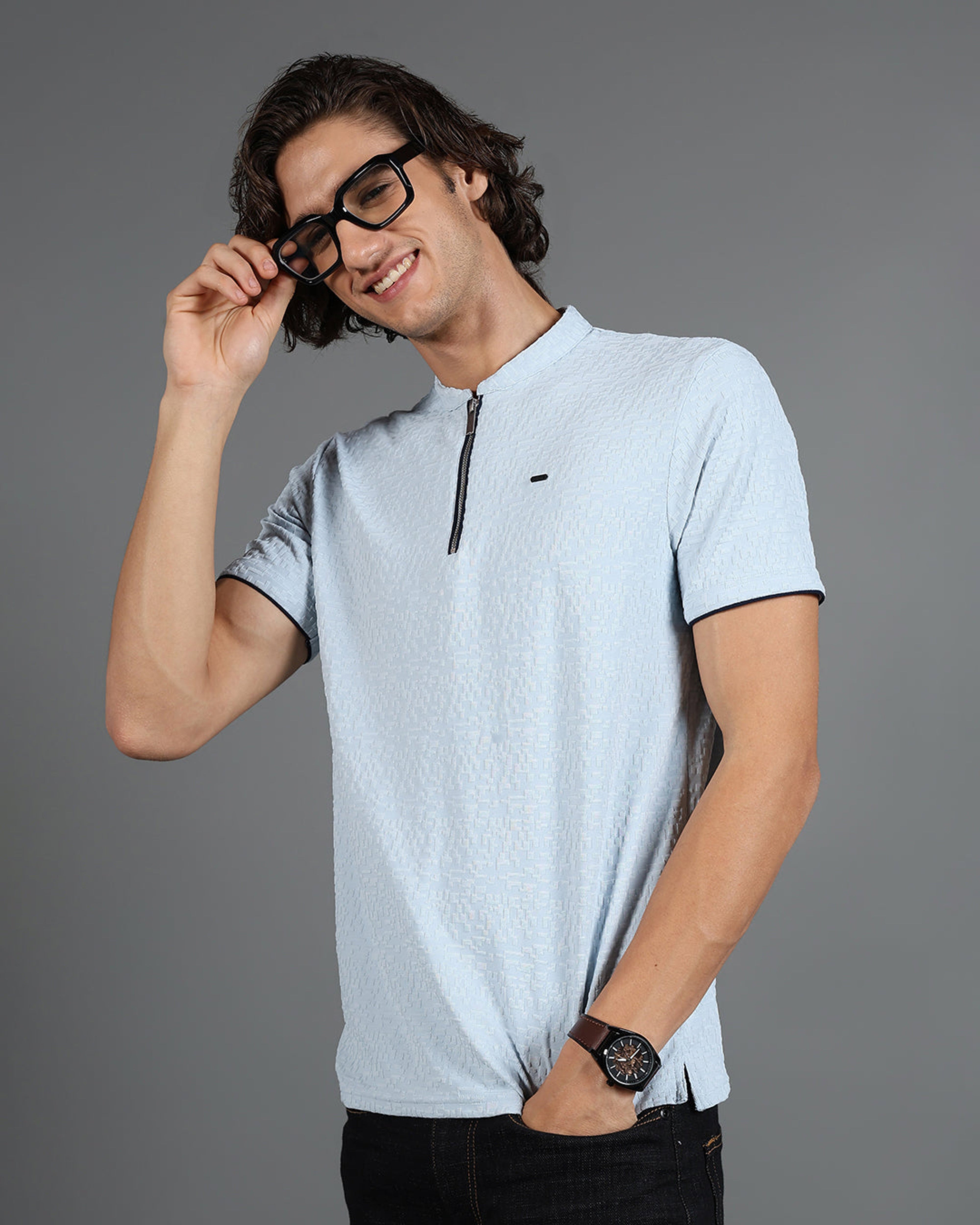 IDENTITI Men Slim Fit Mandarin Collar Solid T-Shirt In Blue.