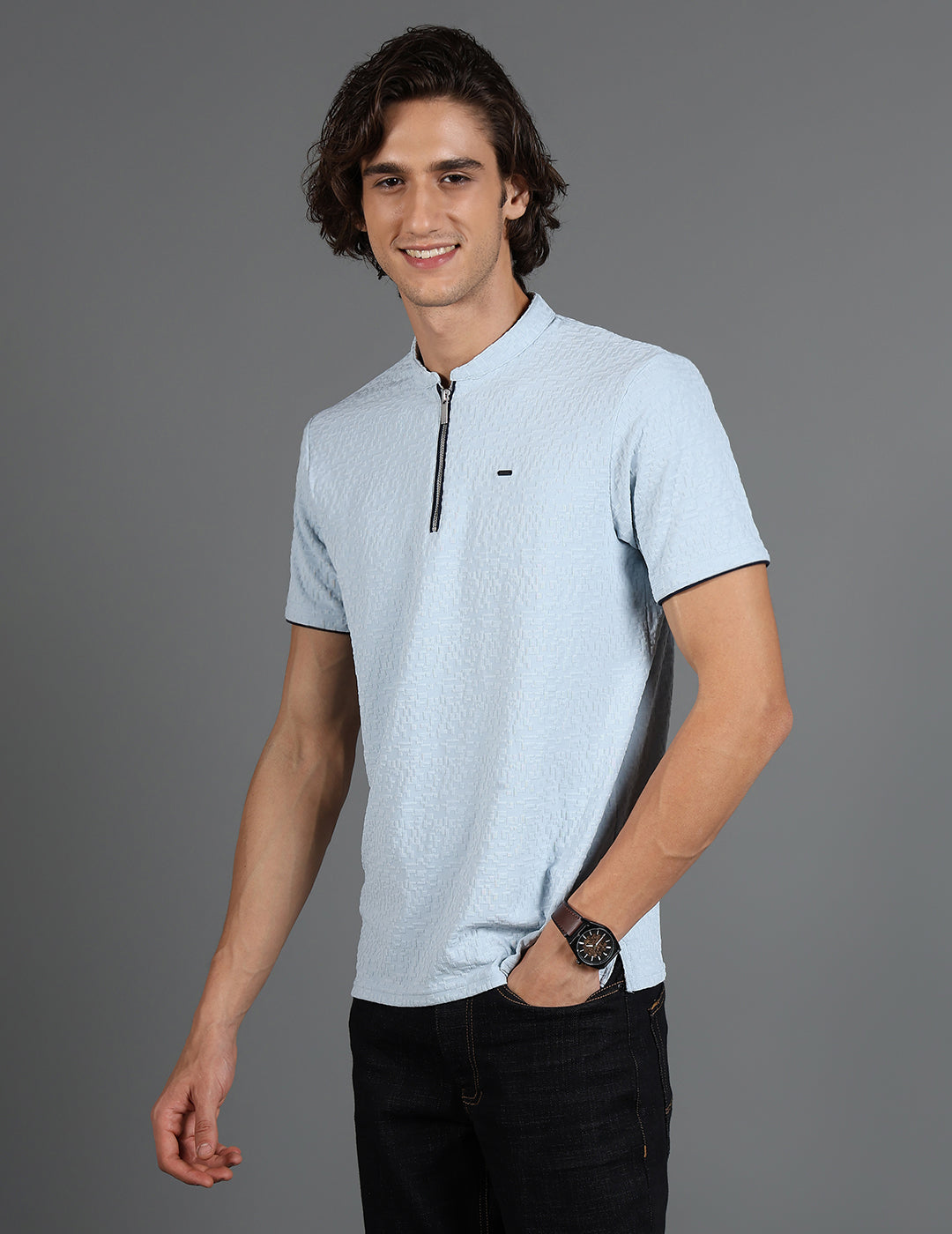 IDENTITI Men Slim Fit Mandarin Collar Solid T-Shirt In Blue.