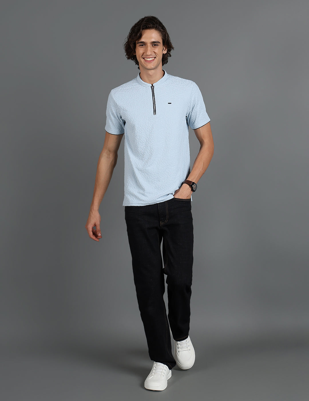 IDENTITI Men Slim Fit Mandarin Collar Solid T-Shirt In Blue.