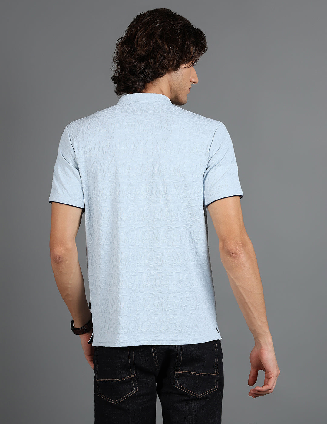 IDENTITI Men Slim Fit Mandarin Collar Solid T-Shirt In Blue.