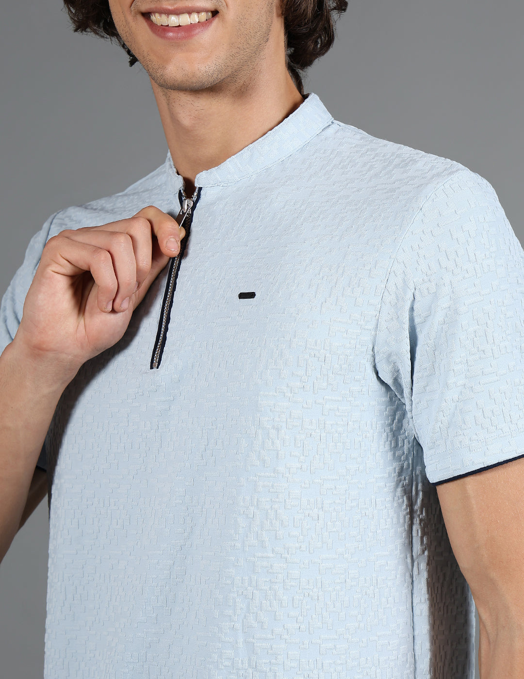 IDENTITI Men Slim Fit Mandarin Collar Solid T-Shirt In Blue.