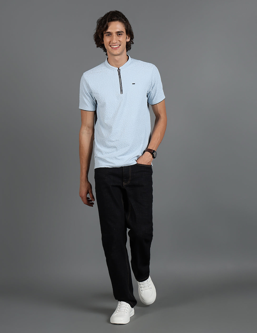 IDENTITI Men Slim Fit Mandarin Collar Solid T-Shirt In Blue.