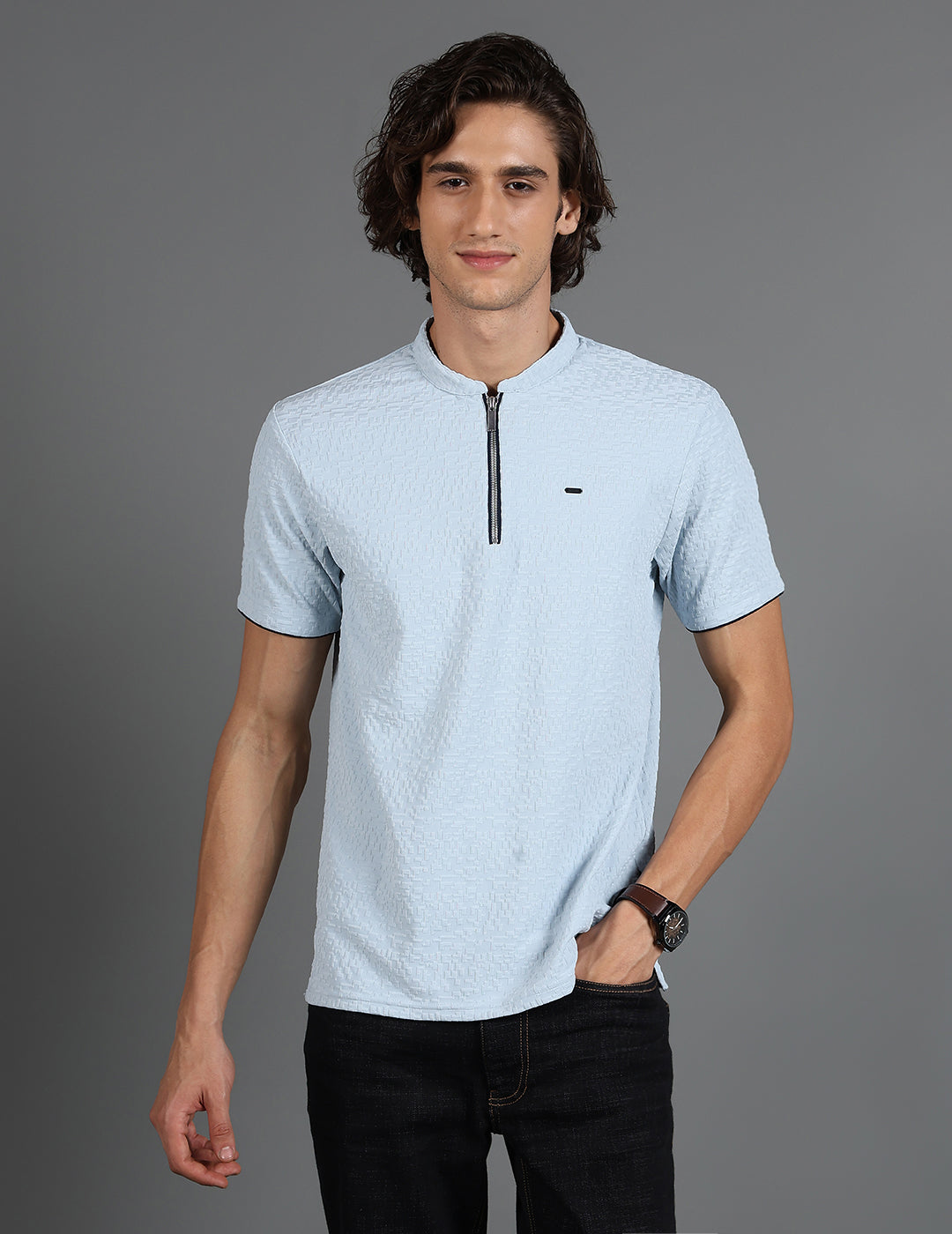 IDENTITI Men Slim Fit Mandarin Collar Solid T-Shirt In Blue.