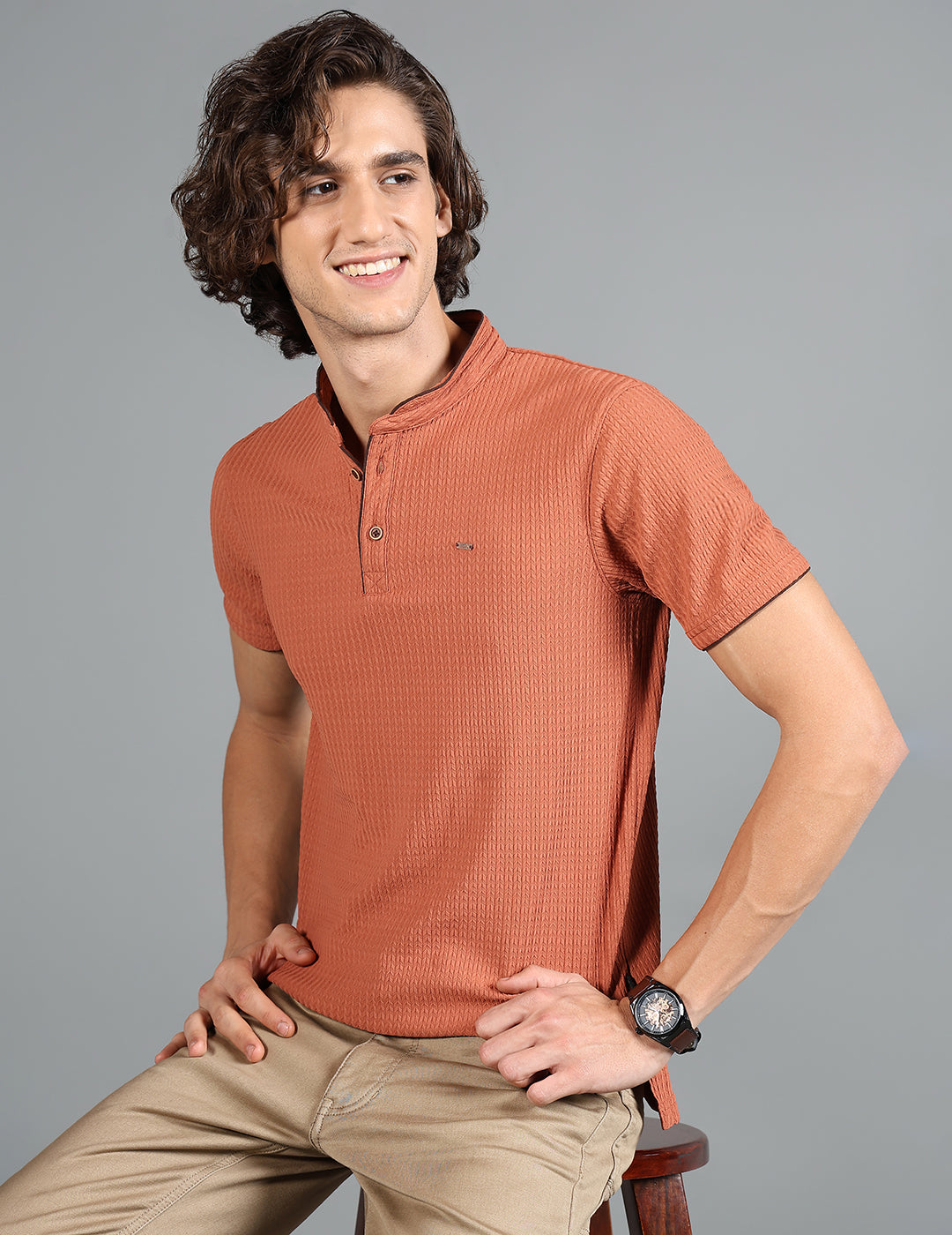 IDENTITI Men Slim Fit Mandarin Collar Solid T-Shirt In Rust.