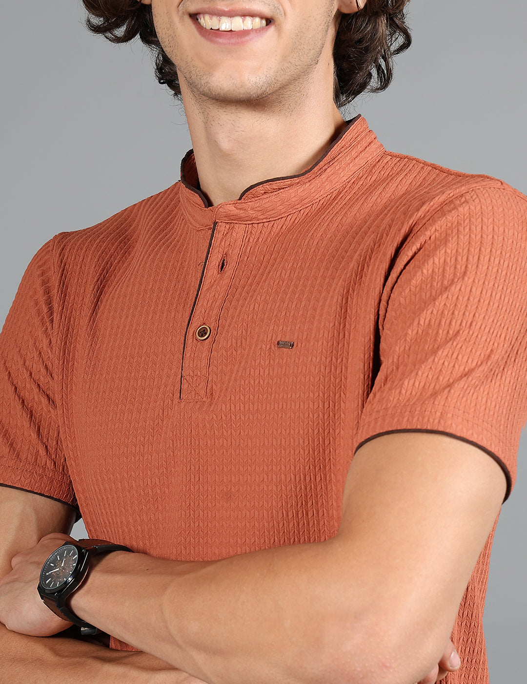IDENTITI Men Slim Fit Mandarin Collar Solid T-Shirt In Rust.