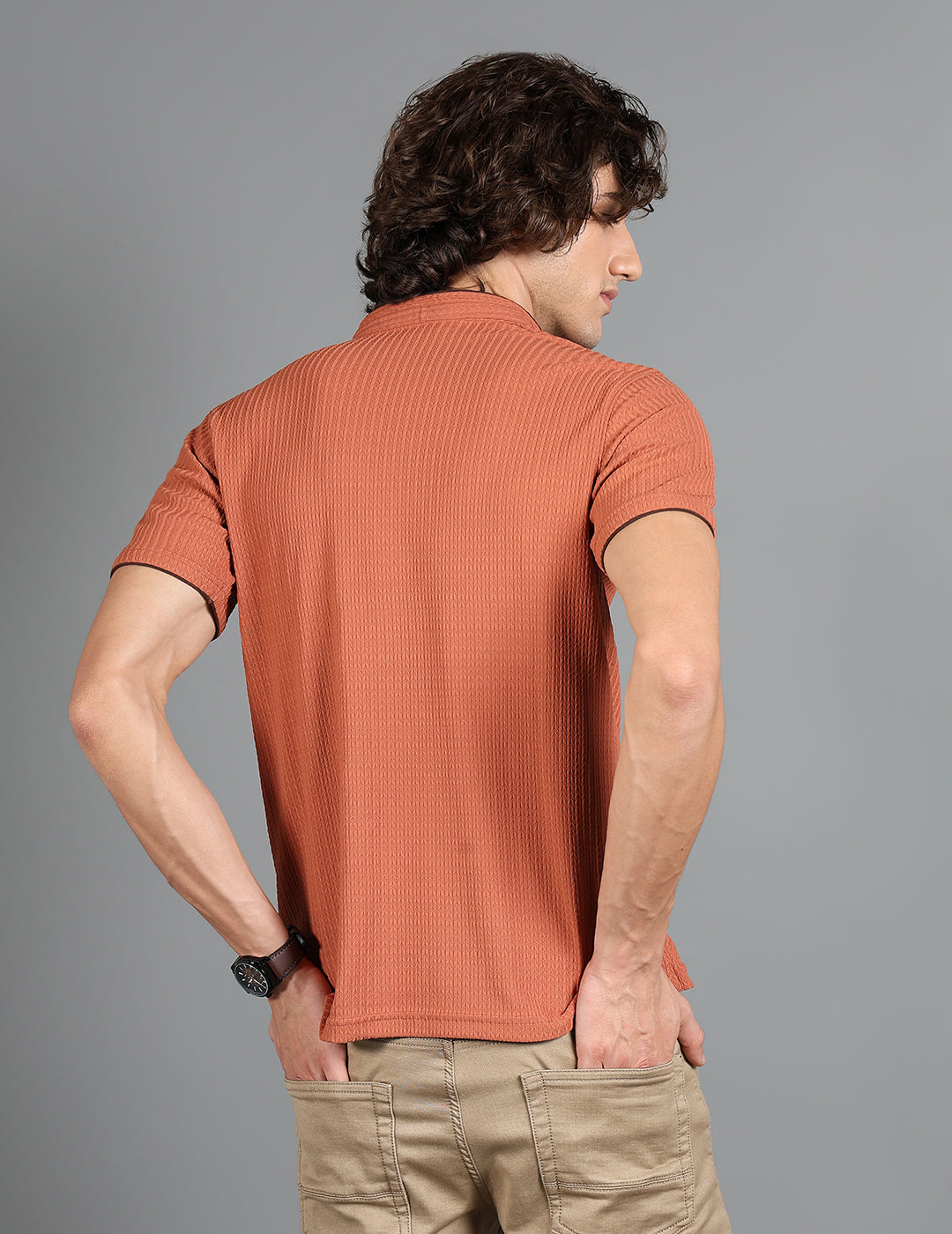 IDENTITI Men Slim Fit Mandarin Collar Solid T-Shirt In Rust.