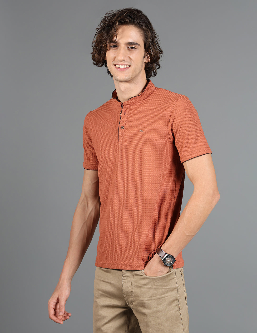 IDENTITI Men Slim Fit Mandarin Collar Solid T-Shirt In Rust.