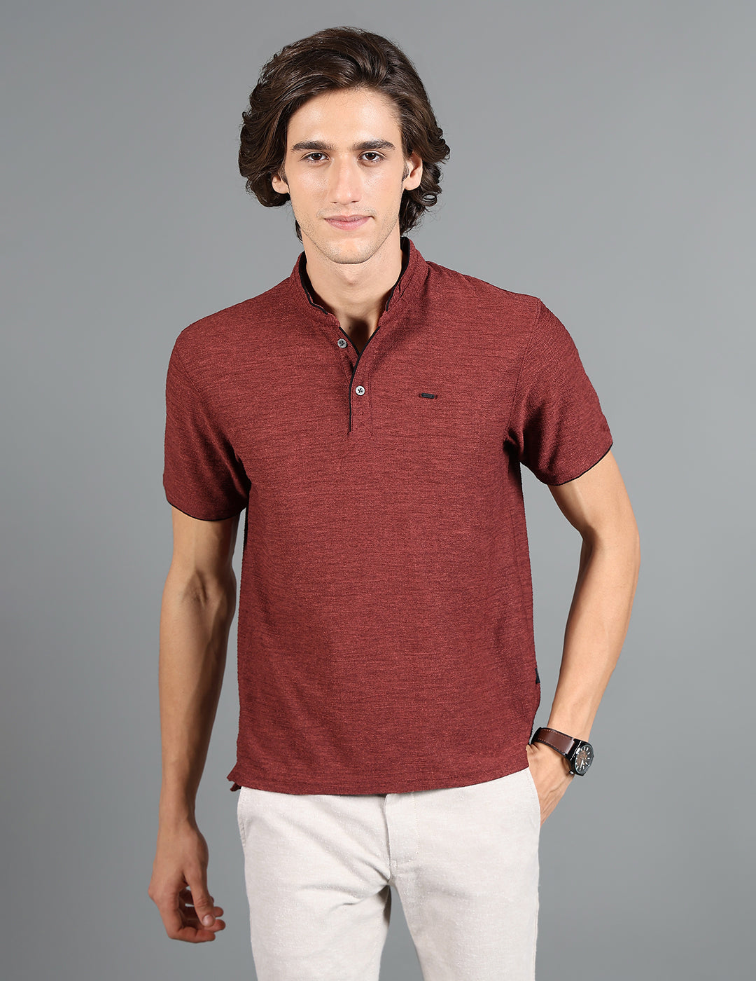 IDENTITI Men Slim Fit Mandarin Collar Solid T-Shirt In Maroon.