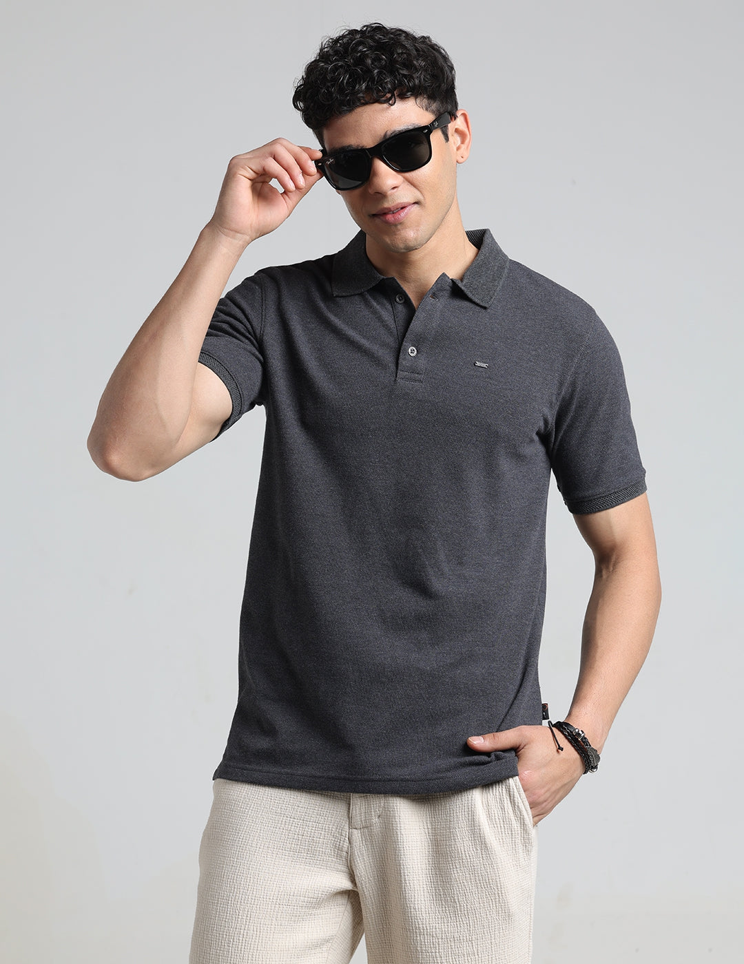 IDENTITI Men Slim Fit Polo Collar Solid T-Shirt In Charcoal.