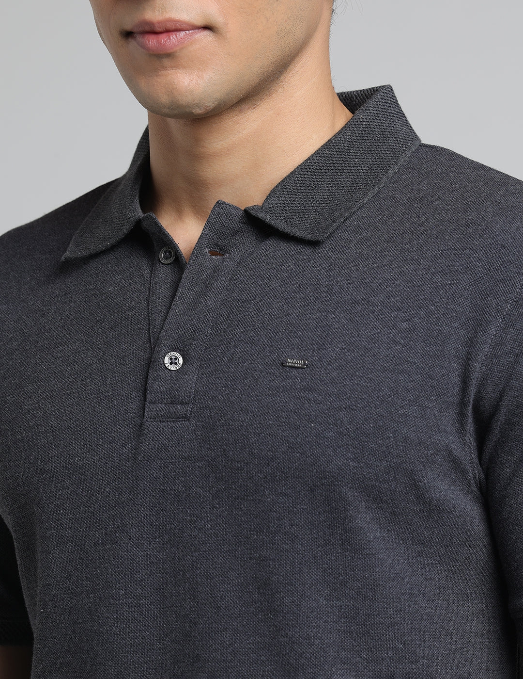 IDENTITI Men Slim Fit Polo Collar Solid T-Shirt In Charcoal.