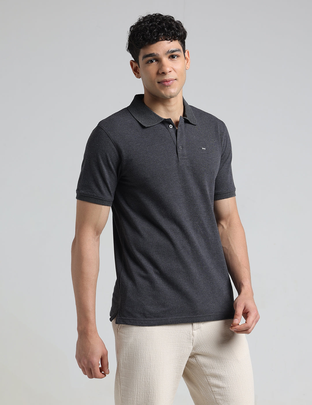 IDENTITI Men Slim Fit Polo Collar Solid T-Shirt In Charcoal.
