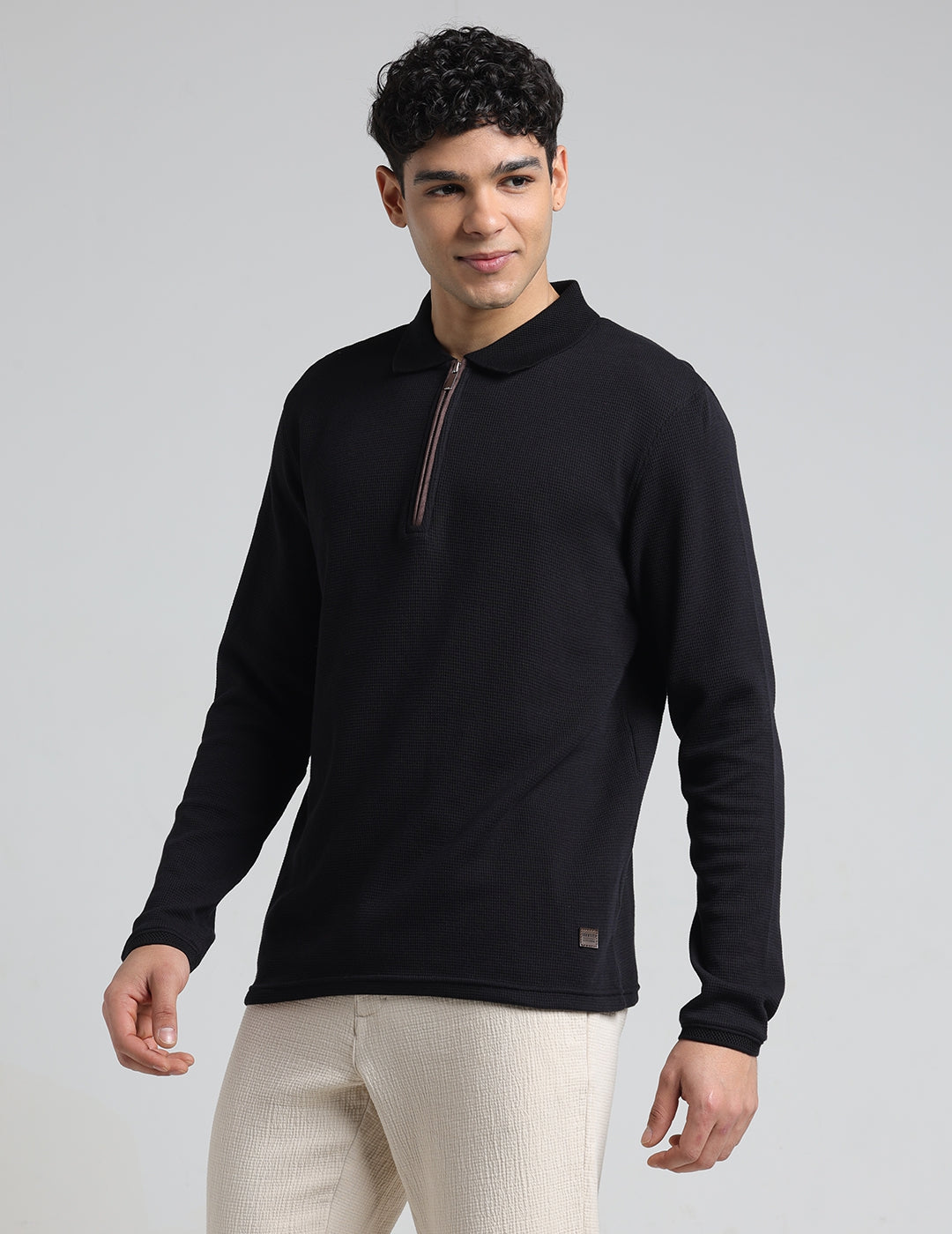 IDENTITI Men Slim Fit Polo Collar Solid T-Shirt In Black.