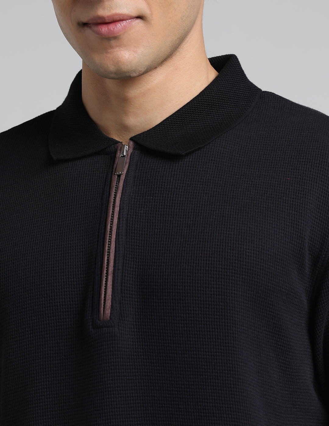 IDENTITI Men Slim Fit Polo Collar Solid T-Shirt In Black.