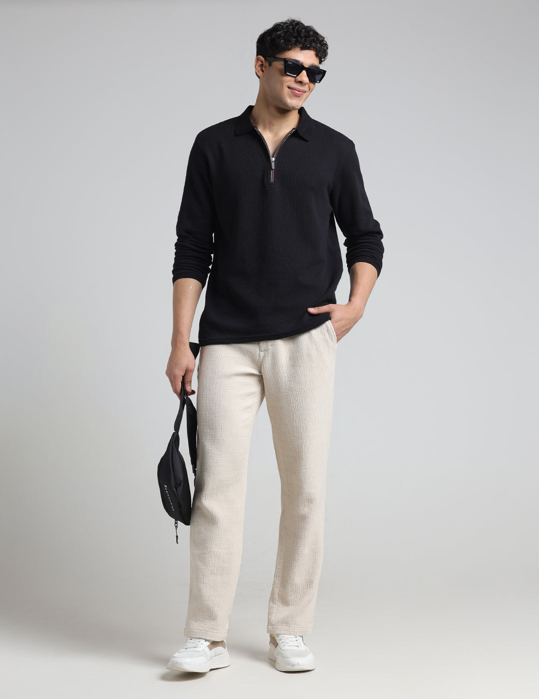 IDENTITI Men Slim Fit Polo Collar Solid T-Shirt In Black.