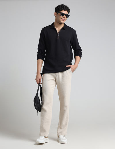 IDENTITI Men Slim Fit Polo Collar Solid T-Shirt In Black.