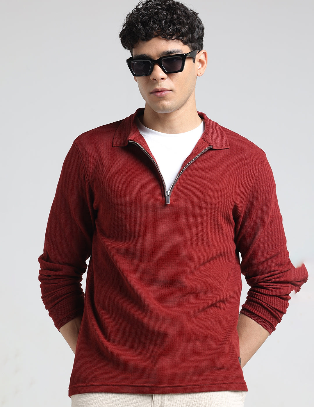 IDENTITI Men Slim Fit Polo Collar Solid T-Shirt In Maroon.
