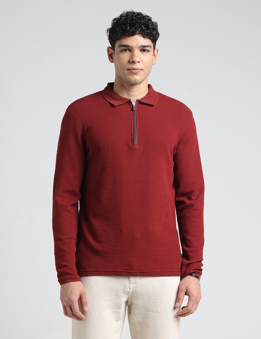 IDENTITI Men Slim Fit Polo Collar Solid T-Shirt In Maroon.