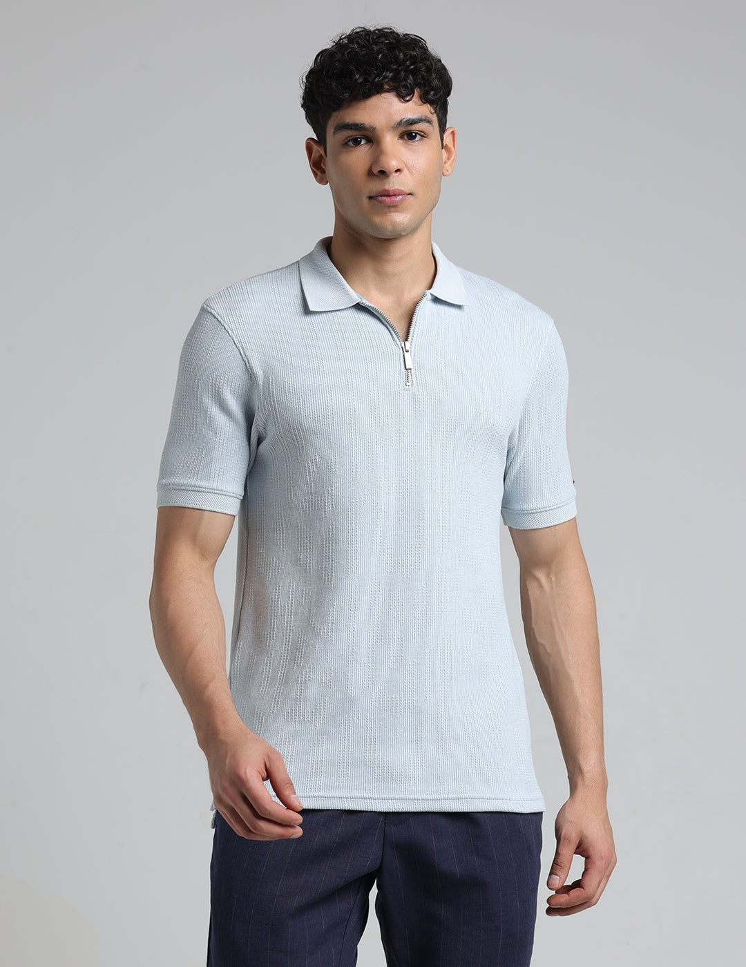 IDENTITI Men Slim Fit Polo Collar Solid T-Shirt In Blue.