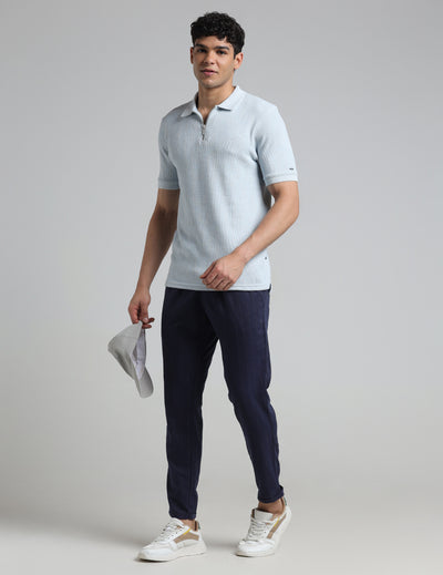 IDENTITI Men Slim Fit Polo Collar Solid T-Shirt In Blue.